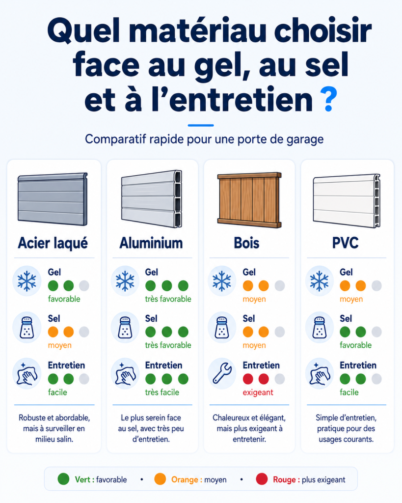 Comparatif des matériaux de porte de garage face au gel, au sel et à l'entretien